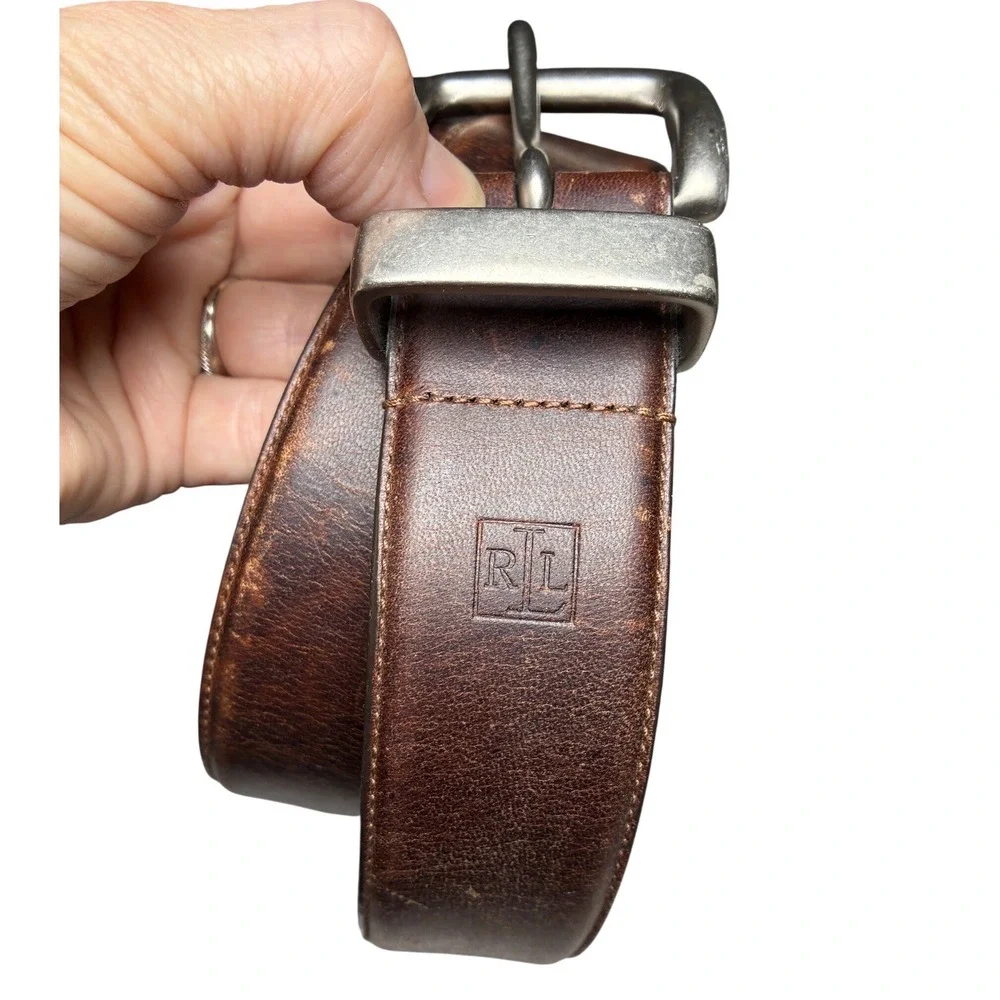 Lauren Ralph Lauren Brown Leather Belt Distressed Silver Buckle Size 42